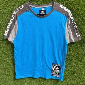 Ecko Unltd. Mens T-Shirt Medium Blue Gray Logo Raw & Uncut‎ Short Sleeve